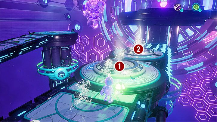 Take the speed sphere back and with both spheres reach the spot in the screenshot where the projections are running - Ratchet & Clank Rift Apart: Clank, Sargasso - puzzle guide, list - Clank and Kit Riddles - Ratchet & Clank Rift Apart Guide