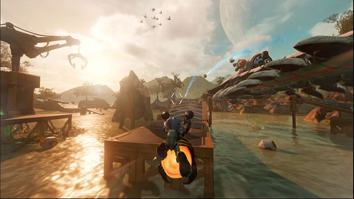 During the chase, ride the two ramps with the afterburner on and after a long flight, land on the back of the boss again - Ratchet & Clank Rift Apart: Seekerpede, Sargasso - how to beat the boss? - Bosses - Ratchet & Clank Rift Apart Guide