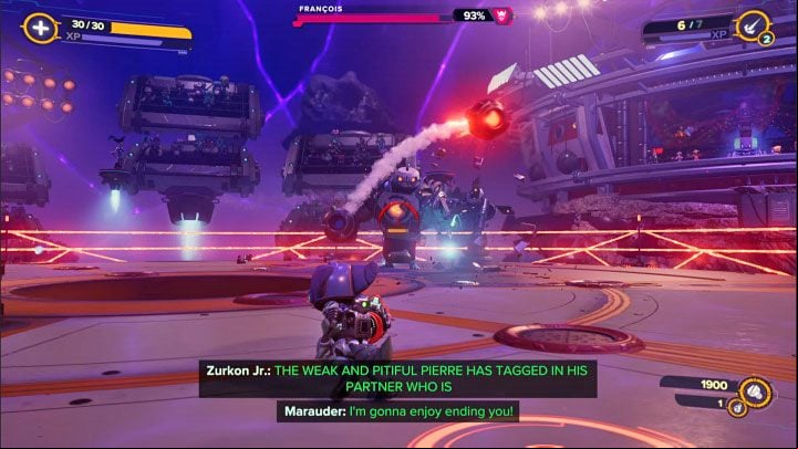 The boss is equipped with a grenade launcher, with which he fires bullets frequently - Ratchet & Clank Rift Apart: Francois, Scarstu Debris Field - how to defeat the boss? - Bosses - Ratchet & Clank Rift Apart Guide