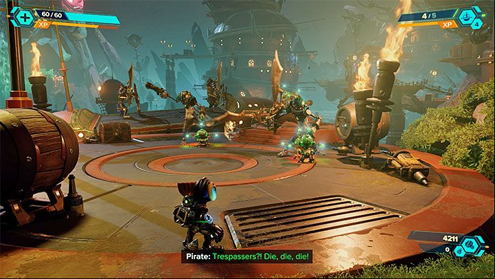 You have to go a linear path to the central area and eliminate "regular" pirates you encounter along the way - Ratchet & Clank Rift Apart: Rescue Pierre Le Fer - walkthrough - Ardolis - Ratchet & Clank Rift Apart Guide
