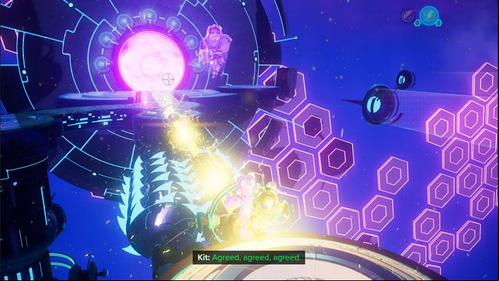 Use the Electric Sphere right away on the left slot and touch the cable to transport Kit to the next part of the location - Ratchet & Clank Rift Apart: Protecting Morts and freeing Seekerpede - walkthrough - Return to Sargasso - Ratchet & Clank Rift Apart Guide