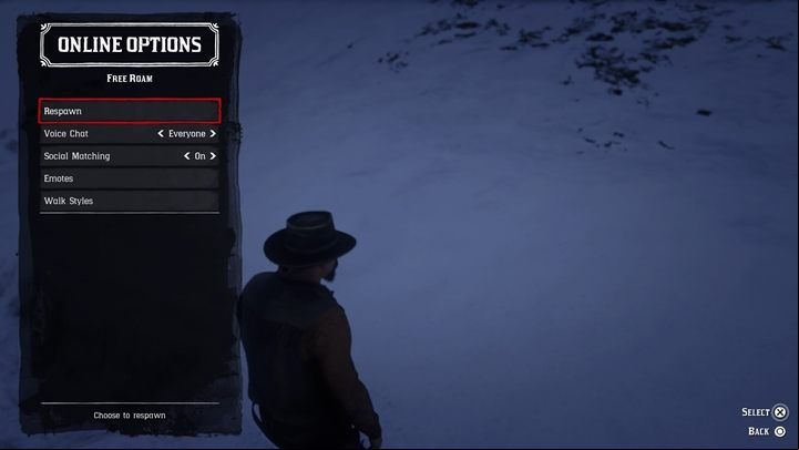 If you get stuck, open the online options (left on the d-pad) and select the suicide option - Starting Tips for Red Dead Online - Basics - Red Dead Online Guide