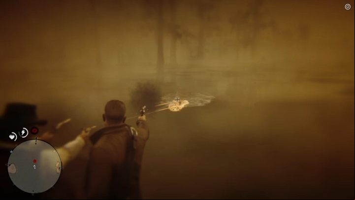 Get in the skiff and start shooting the large alligator - Red Dead Redemption 2: Country Pursuits - walkthrough - Chapter 4 - Shady Belle - Red Dead Redemption 2 Guide