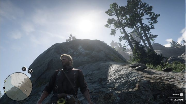 The Carving is on a rock right next to the path; no need to go search the bush - Red Dead Redemption 2: Rock carvings - where to find all of them? Maps - Dinosaur bones and Rock Carvings - Red Dead Redemption 2 Guide