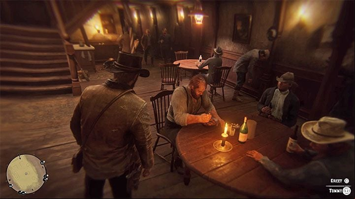 After the first round of drinks, stay on the ground floor of the saloon and find Tommy, with whom youve fisted a few missions before - Red Dead Redemption 2: A Quiet Time - walkthrough - Chapter 2 - Horseshoe Overlook - Red Dead Redemption 2 Guide