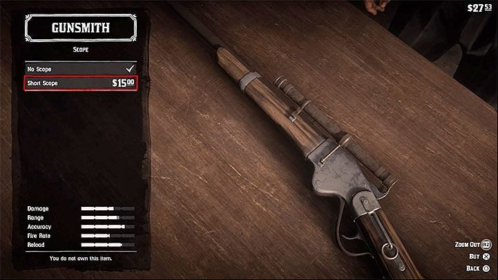 Select Scope from the list of components - Red Dead Redemption 2: Scope - how to get it for your rifle? - Combat - Red Dead Redemption 2 Guide