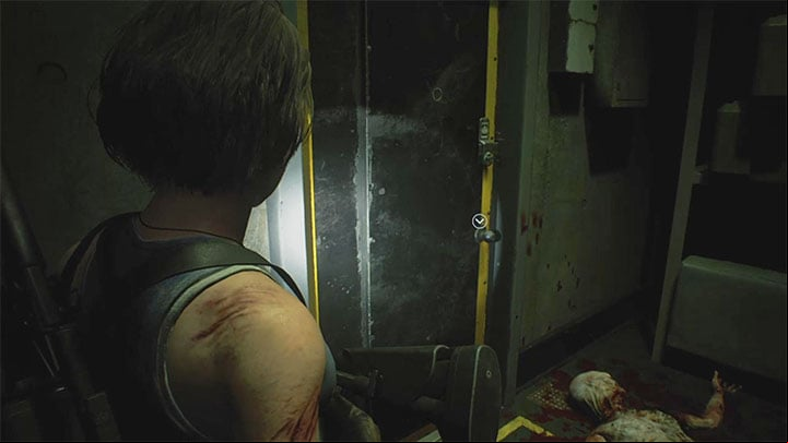 Turn 180 degrees, return to the ladder and re-enter the room where the three zombies were - Resident Evil 3: Warehouse fuses puzzle - Puzzle Solutions - Resident Evil 3 Guide