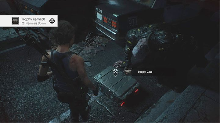 After Nemesis gets down on one knee, there is a chance that he will throw away the supply case that appears in front of him - Resident Evil 3: Trophy guide - Appendix - Resident Evil 3 Guide