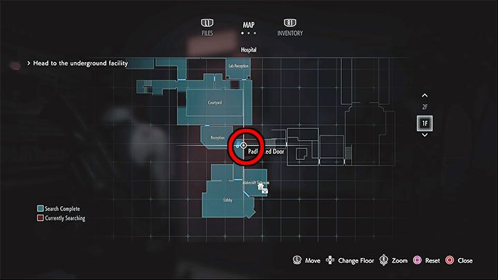 To continue the main story, reach the padlocked door north of the Lobby - Resident Evil 3: Hospital - Jill walkthrough - Story walkthrough - Resident Evil 3 Guide