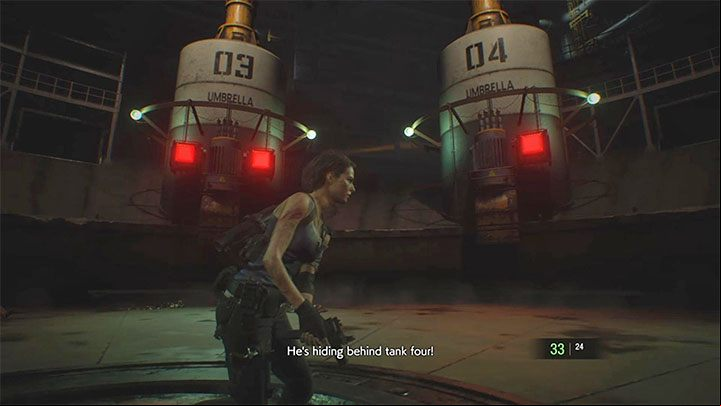 Nemesis will be hiding behind the tanks - listen to Carlos comments - Resident Evil 3: Final duel with Nemesis walkthrough - Story walkthrough - Resident Evil 3 Guide