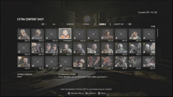 If you don't like collecting concept art or models that don't translate into real-world gameplay, you should first focus on buying bonus weapons or special costumes in the Apparel tab - Resident Evil 4 Remake: Content Shop - Basics - Resident Evil 4 Remake Guide