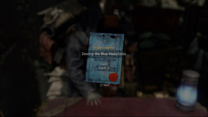 For completing all of them, you will receive Spinel x3 - Resident Evil 4 Remake: Destroy the Blue Medallions - Blue Medallions - Resident Evil 4 Remake Guide