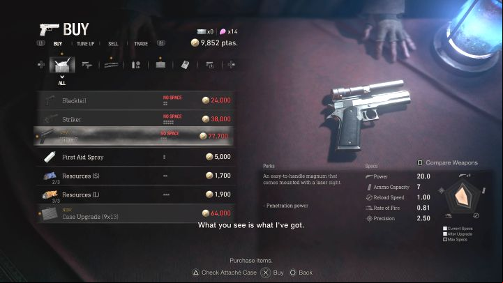 A revolver with a laser sight is available for purchase from the merchant starting from chapter 13, which is when you reach the Island - Resident Evil 4 Remake: List of all weapons - Basics - Resident Evil 4 Remake Guide