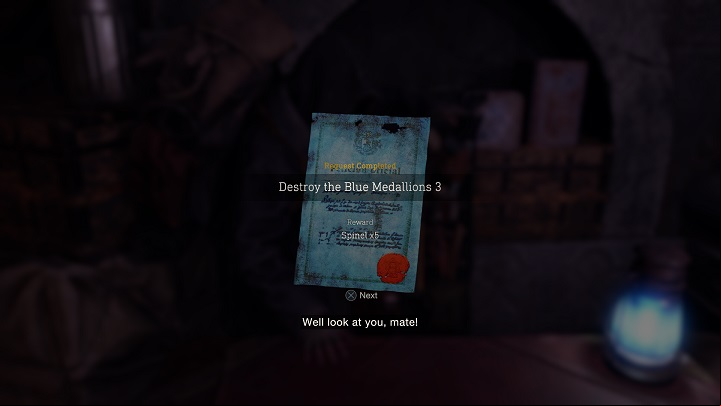 For completing the Destroy the Blue Medallions 3 Request, you will receive 5 Spinels - Resident Evil 4 Remake: Destroy the Blue Medallions 3 - Blue Medallions - Resident Evil 4 Remake Guide