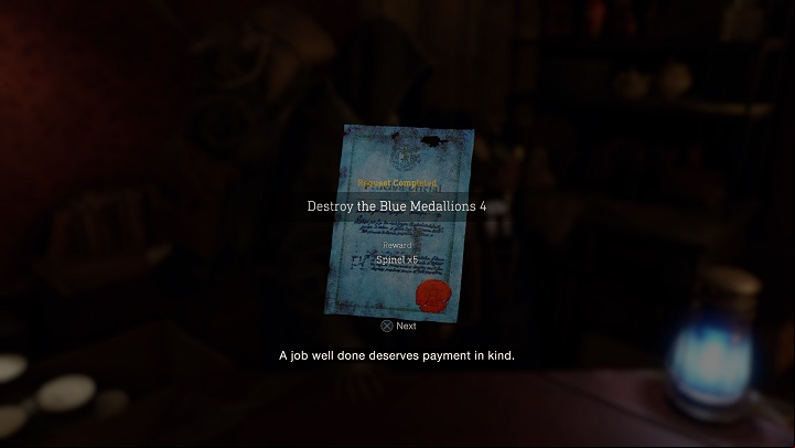 For completing the Destroy the Blue Medallions 4 Request, you will receive 5 Spinels - Resident Evil 4 Remake: Destroy the Blue Medallions 4 - Blue Medallions - Resident Evil 4 Remake Guide