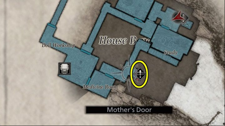 You must now reach the Mother's Door pictured in the above images, which is adjacent to the room with the sink - Resident Evil Village: House Beneviento, Breaker Box Puzzle - Puzzle solutions - Resident Evil Village Guide