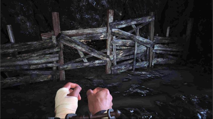 When you reach the small wooden barricade, press the interaction button to destroy it - Resident Evil Village: A Mine - walkthrough - Village - 1st visit - Resident Evil Village Guide