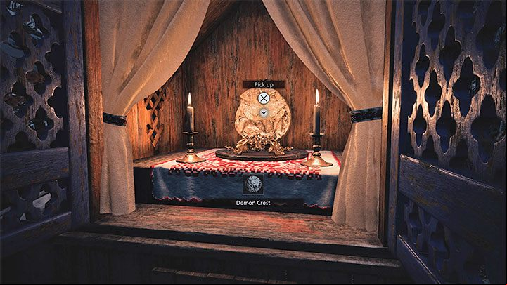 To obtain the Demon Crest, you must advance further in the main storyline - Resident Evil Village: Opening of the gate to the castle - Demon Crest, Maiden Crest - Solutions to puzzles - Resident Evil Village Guide