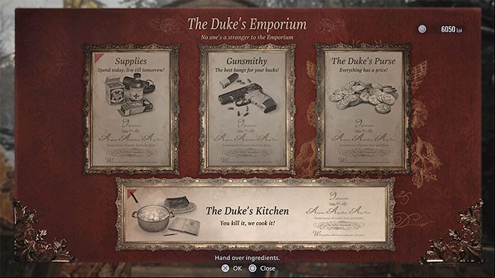 While visiting the village for the second time (after returning from the castle), you will unlock a new option to interact with Duke, the merchant - The Duke's Kitchen - Resident Evil Village: Wounds - how to heal? - FAQ - Resident Evil Village Guide