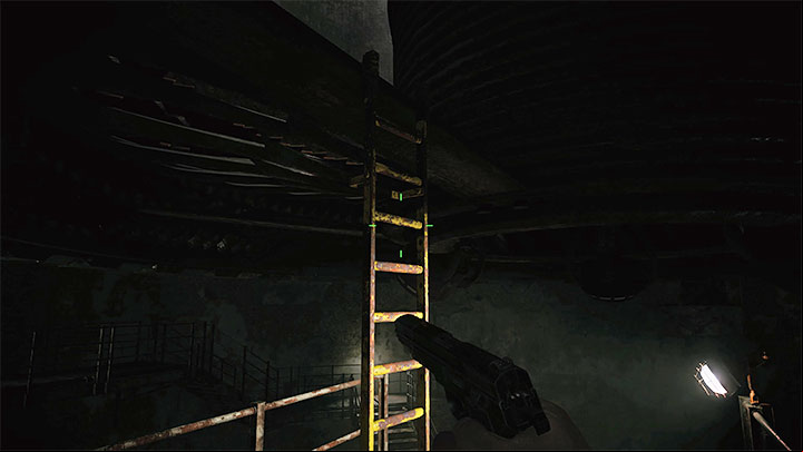 Once the giant blade is disabled, you will be able to use the previously unavailable ladder - Resident Evil Village: Exploring floor B3 - walkthrough - Factory - Resident Evil Village Guide