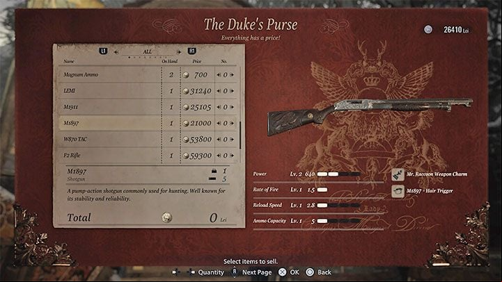 Resident Evil Village has an option to sell the weapons to the trader Duke - Resident Evil Village: Weapons - list, collectibles - Secrets & Collectibles - Resident Evil Village Guide