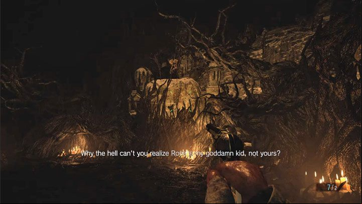 Miranda, while in spider form, can also reach a high ledge in the arena and then make a long jump from it, resulting in a powerful ground slam - Resident Evil Village: Miranda, the final boss - how to beat? - Resident Evil Village Guide
