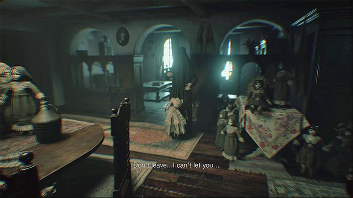 When you leave the basement and return to the main level of House Beneviento, you will encounter Donna Beneviento and the Angie doll she controls - Resident Evil Village: Defeating Donna Beneviento and returning to the village - walkthrough - Beneviento House - Resident Evil Village Guide