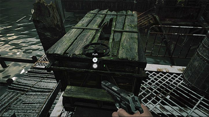 Ethan will get to a larger building and here, you'll have ti push the carriage shown in the picture - Resident Evil Village: Going through the reservoir, avoiding the fish - walkthrough - Fortress - Resident Evil Village Guide