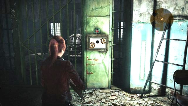 To get past, you need to find the gear and place it in the mechanism. - Escape the facility - activate power supply | Penal Colony - Claire - Penal Colony - Claire - Resident Evil: Revelations 2 Game Guide