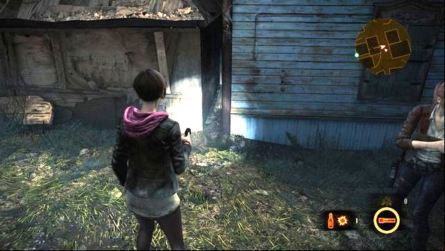 After you exit the building, in the spot shown in the screenshot, you can use Moiras flashlight, to locate a glittering item - Find fuel and the battery | Contemplation - Claire - Contemplation - Claire - Resident Evil: Revelations 2 Game Guide