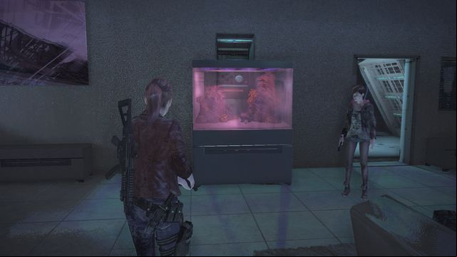 Break the aquarium and then move the shelf. - Find the Warden | Metamorphosis - Claire - Metamorphosis - Claire - Resident Evil: Revelations 2 Game Guide