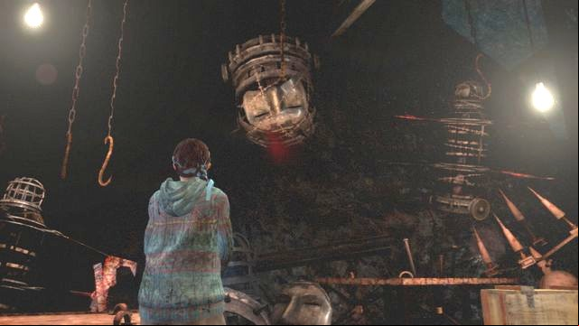 At the very bottom, after you walk through the territory with hanging dolls you will get to the place, where you can upgrade your weapons on the table - Insect larvae (Natalie) - Metamorphosis | Emblems - Episode 4 - Metamorphosis - Tower emblems - Resident Evil: Revelations 2 Game Guide