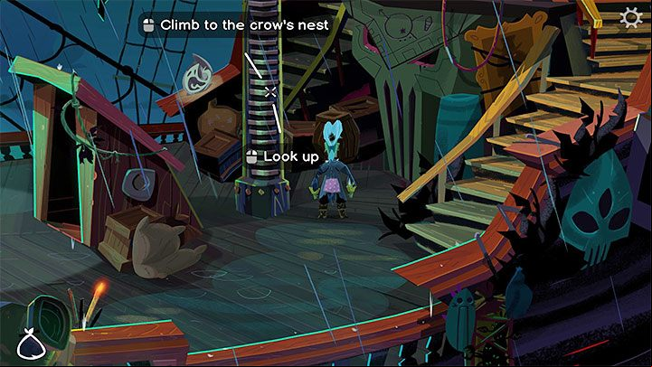 Go to the right and select the option of climbing the Crow's Nest, which is no longer guarded - Return to Monkey Island: Sail to Monkey Island - walkthrough - Part 2 - A Dangerous Journey - Return to Monkey Island Walkthrough