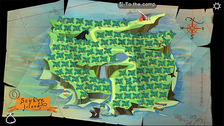 Travel to Scurvy Island and after viewing its map, reach the camp - Return to Monkey Island: Get the 5 keys for the safe - walkthrough - Part 4 - Things Get Complicated - Return to Monkey Island Walkthrough