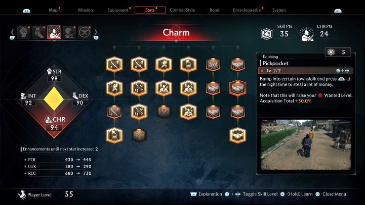 The first level of this skill unlocks pickpocketing, but you can only use it on selected characters - you'll know you can perform this action when the R1 button prompt appears when near an NPC - Rise of the Ronin: Best skills - Basics - Rise of the Ronin Guide