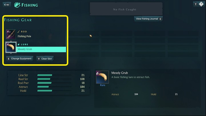 Head to the fishing menu, then equip your character with the Fishing Pole and Lure - Ruined King: Fishing - Basics - Ruined King Guide