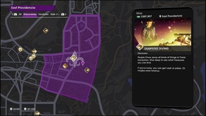 Dumpster Diving activity is located in the central part of the East Providencia district - Saints Row 2022: Discoveries (East Providencia) - list and description of activity - East Providencia - Saints Row Guide, Walkthrough