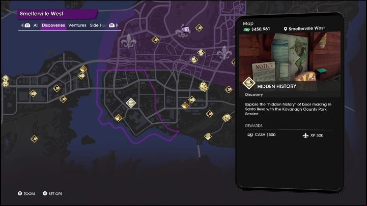 Hidden History activity is located in the central part of the location, in a large square - Saints Row 2022: Discoveries (Smelterville West) - list and description of activity - Smelterville West - Saints Row Guide, Walkthrough