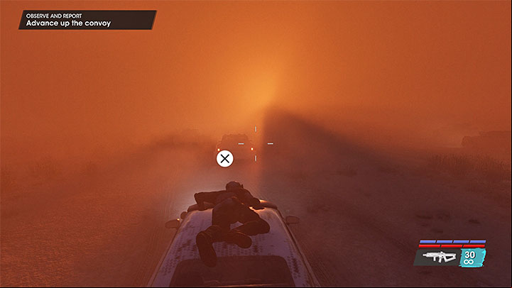 You'll drive into a sandstorm, though the strategy remains the same - fire at the enemies from the roof and jump across the vehicles when it's safe to do so - Saints Row 2022: Observe and Report - walkthrough - Walkthrough - Saints Row Guide, Walkthrough