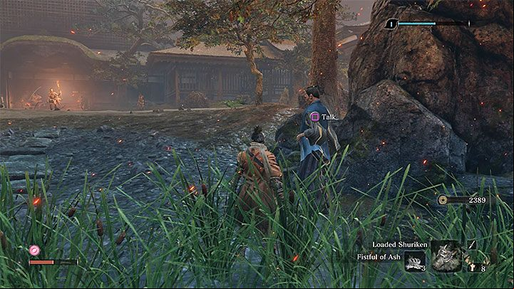 A friendly NPC is standing near the pond - Juzou the Drunkard | Sekiro Shadows Die Twice Boss Fight - Bosses - Sekiro Guide and Walkthrough