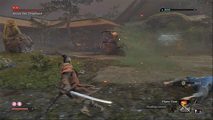 The boss can inflict poison damage in two ways - Juzou can create a poisonous cloud around himself (see the picture above), or he can apply poison to his weapon - Juzou the Drunkard | Sekiro Shadows Die Twice Boss Fight - Bosses - Sekiro Guide and Walkthrough