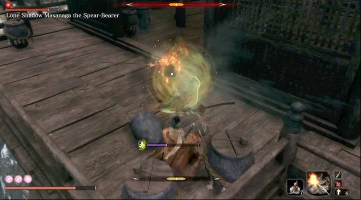 In this case, the attack the boss is green when it carries the risk of poisoning - Lone Shadow Masanaga | Sekiro Shadows Die Twice Boss Fight - Bosses - Sekiro Guide and Walkthrough