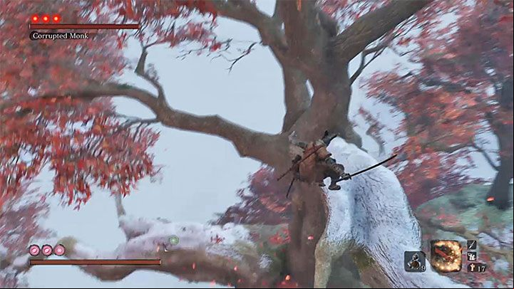 The last thing you have to do is to move to the highest hook point located on the left - True Corrupted Monk | Sekiro Shadows Die Twice Boss Fight - Bosses - Sekiro Guide and Walkthrough