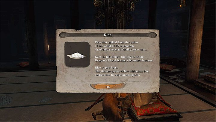 You will receive the rice automatically during the first conversation with the child - Rice | Unique items in Sekiro Shadows Die Twice - Unique items - Sekiro Guide and Walkthrough