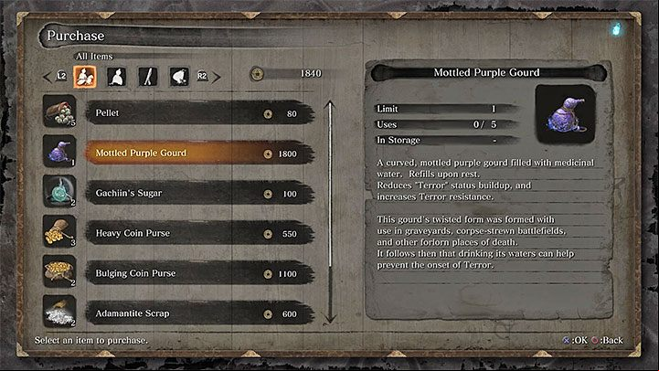 Exiled Memorial Mob has a Mottled Purple Gourd in his offer - its worth 1800 sen (gold) and its a great buy as its a reusable item - Mottled Purple Gourd | Unique items in Sekiro Shadows Die Twice - Unique items - Sekiro Guide and Walkthrough