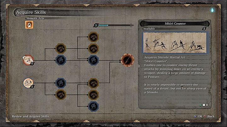 Mikiri Counter is one of the two main active skills to unlock in the skill book Shinobi Arts - How to use Mikiri Counter in Sekiro Shadows Die Twice? - FAQ - Sekiro Guide and Walkthrough