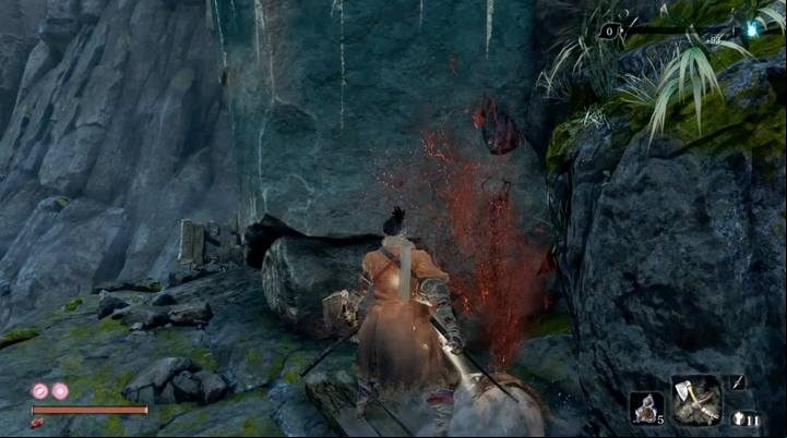 After killing the little ogre on your way, climb on a stone shelf, after a while, and use the rope oo the trees to get to the bridge - Armored Warrior | Sekiro Shadows Die Twice Boss Fight - Bosses - Sekiro Guide and Walkthrough