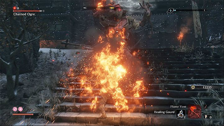 Flame Vent deals fire damage and sets enemies on fire with short range fire projectiles - Flame Vent | Prosthetic Tools in Sekiro Shadows Die Twice - Prosthetic Tools - Sekiro Guide and Walkthrough