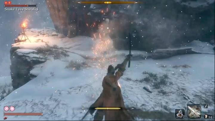 The main shots of his weapon, you can easily parry but the strong ones, can greatly reduce your posture. - Snake Eyes Shirafuji | Sekiro Shadows Die Twice Boss Fight - Bosses - Sekiro Guide and Walkthrough