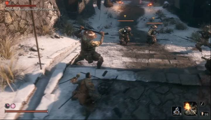 Eliminate the marksmen first, then deal with the mini-boss. - Ashina Castle | Sekiro Shadows Die Twice Walkthrough - Main story - Sekiro Guide and Walkthrough